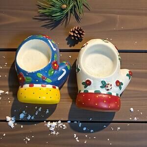 Mary Engelbreit Mitten Shaped Tea Light Holders Winter Whimsical Set of 2